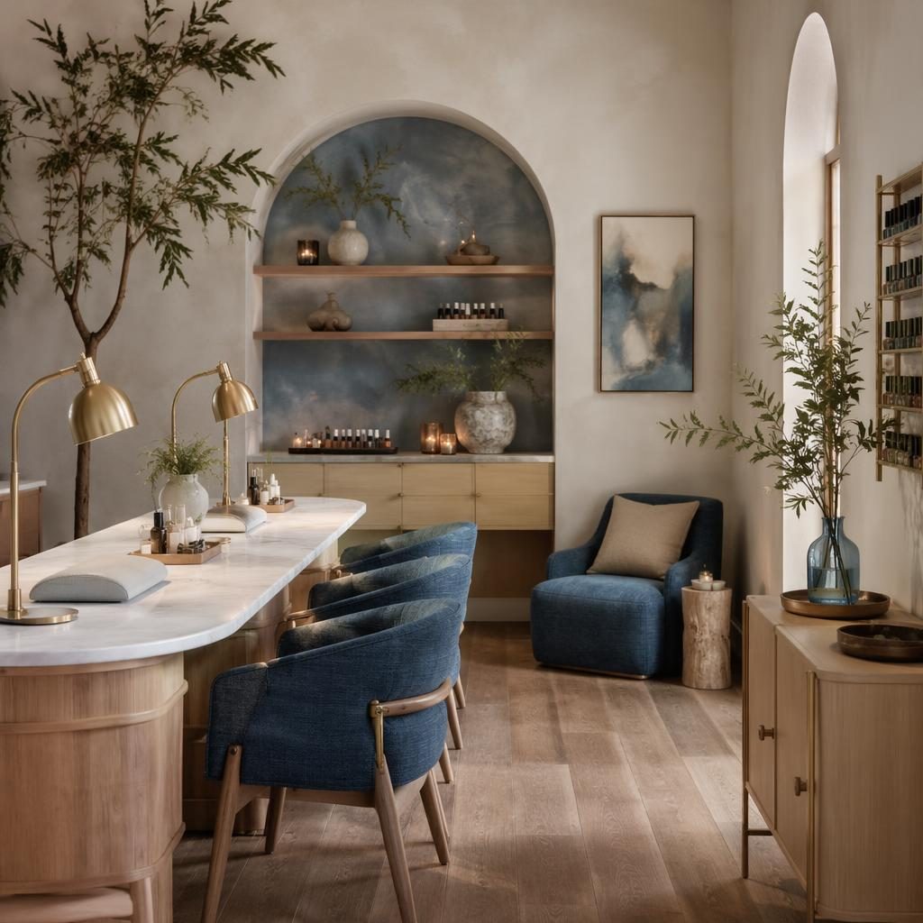 Salón modern farmhouse con paleta azul y latón, luz natural suave, materiales naturales, plantas y textiles.
