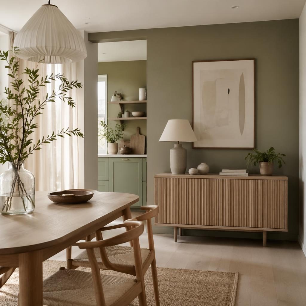 Comedor escandinavo renderizado con paleta salvia y crema, materiales naturales, plantas, arte textil y luz tenue.