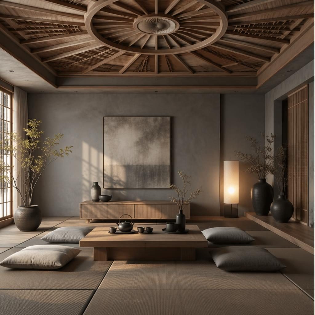 Chambre boho japandi grise avec plafond décoratif, lumière dorée, matières naturelles, plantes, art mural et textiles.
