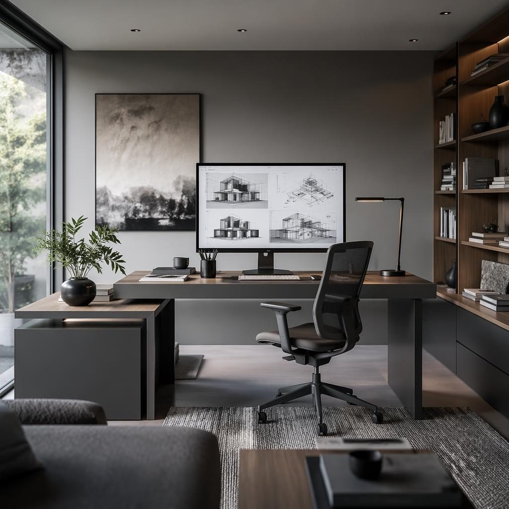 Modern minimalistisch thuiskantoor met groot scherm, architectonische wireframes, strak bureau, stoel, planten en grijstinten.
