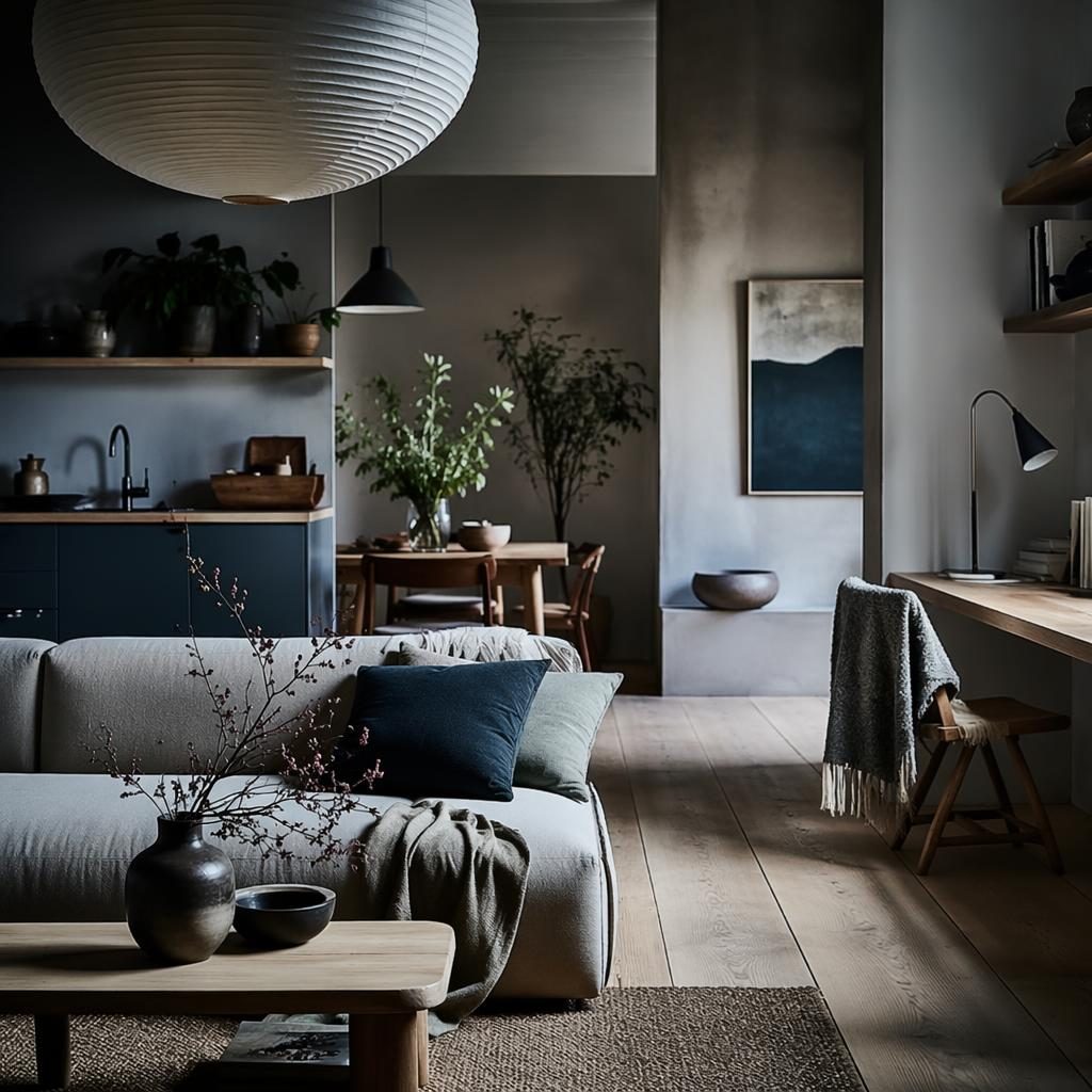 Skandinavisches Homeoffice mit wabi-sabi Details, blauer und messingfarbener Palette, Pflanzen, Textilien und moody Licht