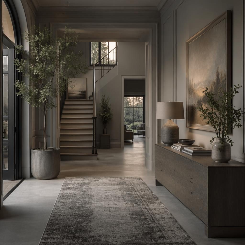 Scandinavian nursery entryway-style interior with cool grey palette, warm evening light, natural materials, plants, art and textiles