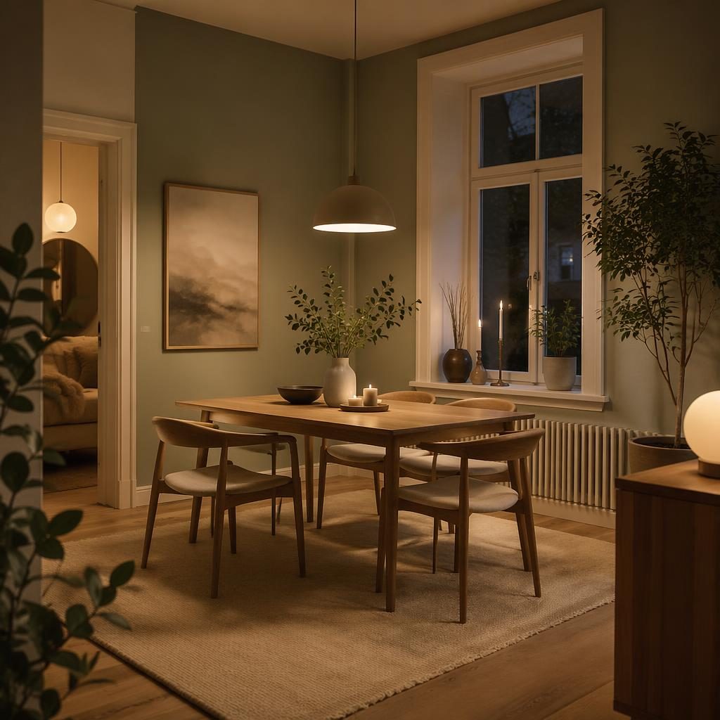 Salle à manger scandinave avec palette sauge et crème, matériaux naturels, plantes, art textile et lumière du soir.