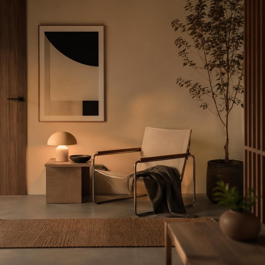 Japandi-Flur in warmen Neutraltönen mit skandinavischer Leseecke, Holz, Pflanzen, Kunst und weichem Abendlicht