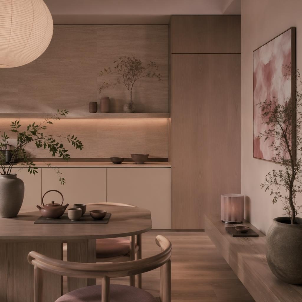 Moody pastel pink and beige japandi tea room kitchen with natural wood, low seating, plants, textiles, and art