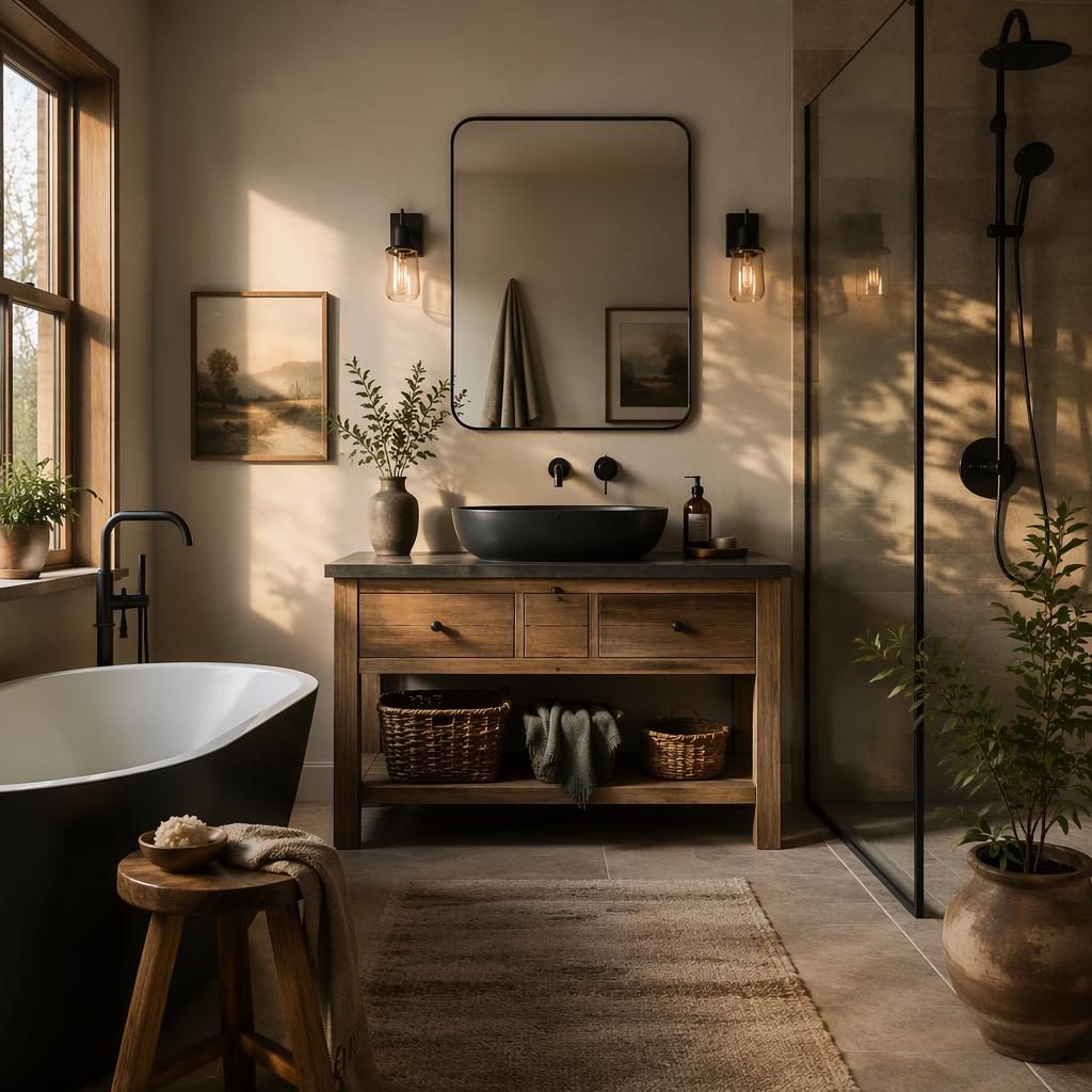 Minimalist farmhouse bathroom with black fixtures, earth-tone finishes, plants, textiles, art, and golden hour light