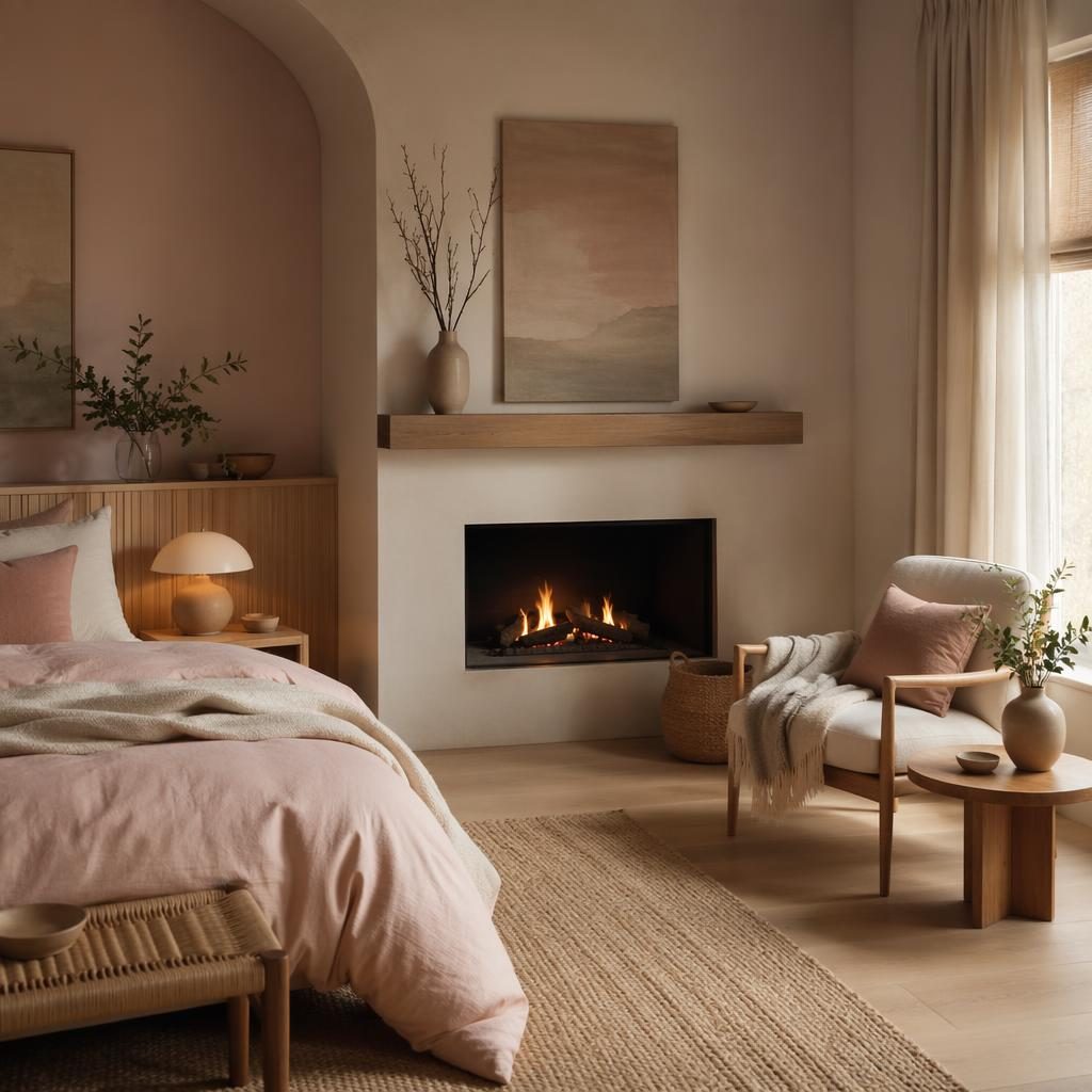 Pastel pink and beige Japandi bedroom reading nook with a fireplace, soft daylight, natural materials, plants, art, and textiles.