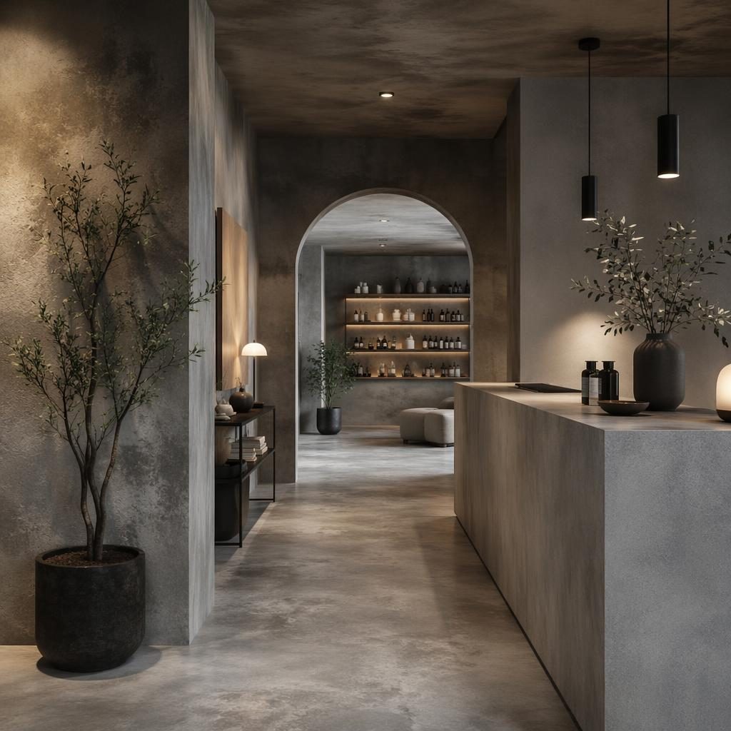 Baño industrial minimalista de hormigón visto en tonos grises, con plantas, textiles y luz difusa, sin personas.