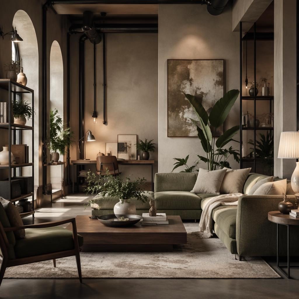 Luxuriöses Schlafzimmer in Salbei und Creme mit natürlichen Materialien, Pflanzen, Kunst, Textilien und Rohren im Homeoffice-Stil.