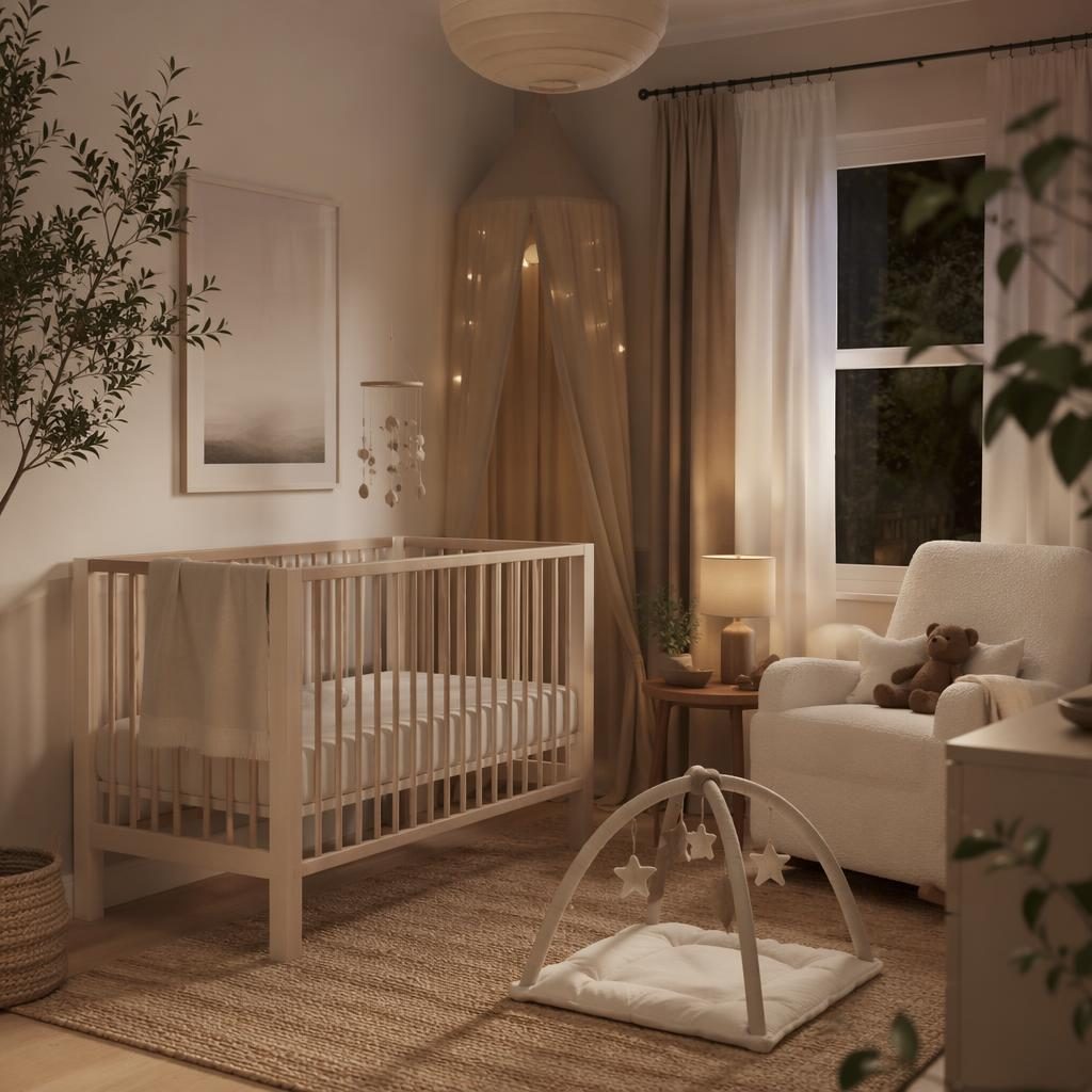 Rendu photo d’une cuisine style scandinave noir et blanc, touches pastel nurserie, lumière du soir, plantes et textiles.