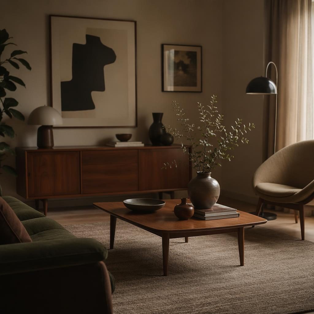 Mid-century living room with earth-tone palette, natural materials, plants, art, textiles, and moody cinematic lighting.