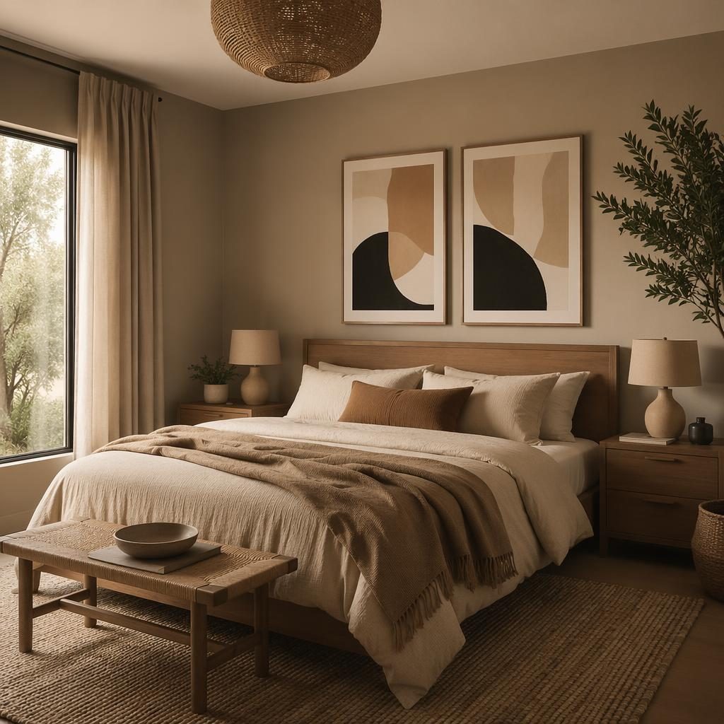 Art deco walk-in closet with earth tones, soft daylight, natural materials, plants, textiles, and styled wall art.