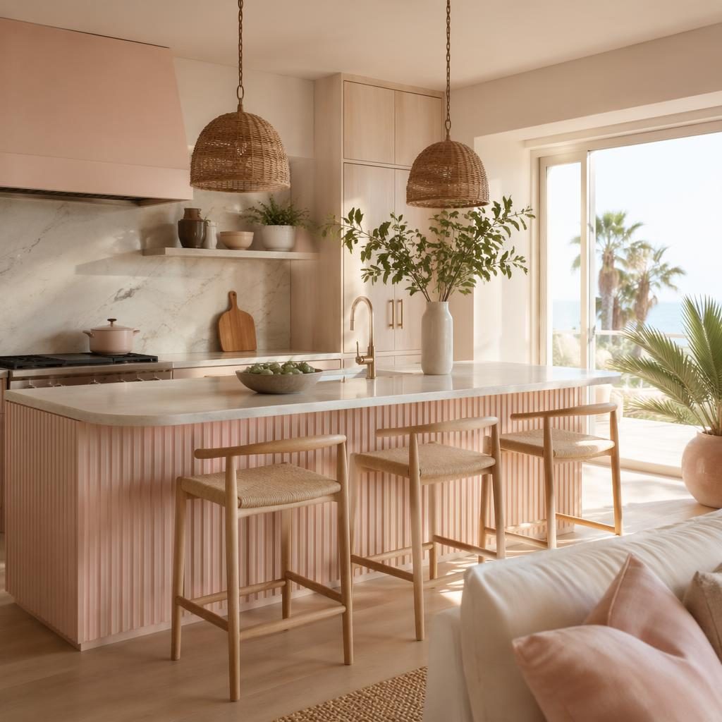 Sala de estar escandinava con tonos rosa pastel y beige, luz natural, muebles de madera, plantas, arte y textiles