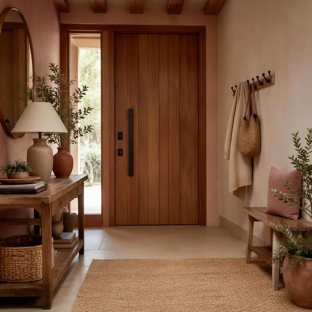 Render fotográfico de interior con paleta rosa pastel y beige, materiales naturales, plantas, arte y textiles, sin personas.
