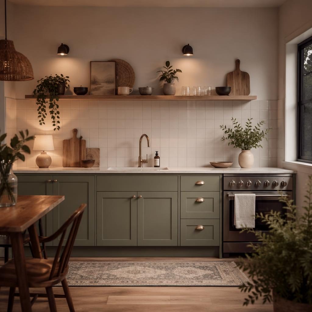 Industrial raw concrete interior rendering with a single wall kitchen layout, warm evening light, plants and textiles.