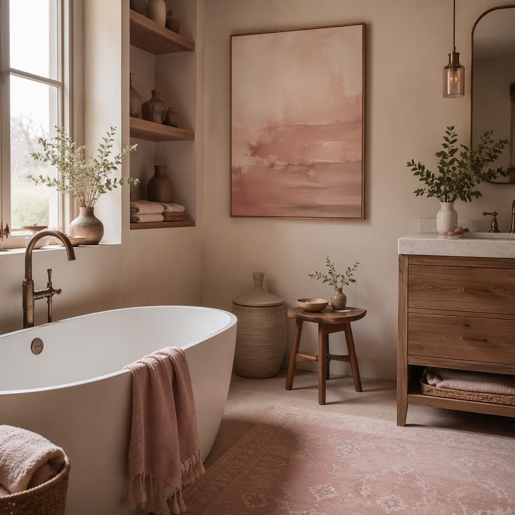 Salle de bain bohème rose pastel et beige, matières naturelles, linge style côtier, plantes et décoration murale