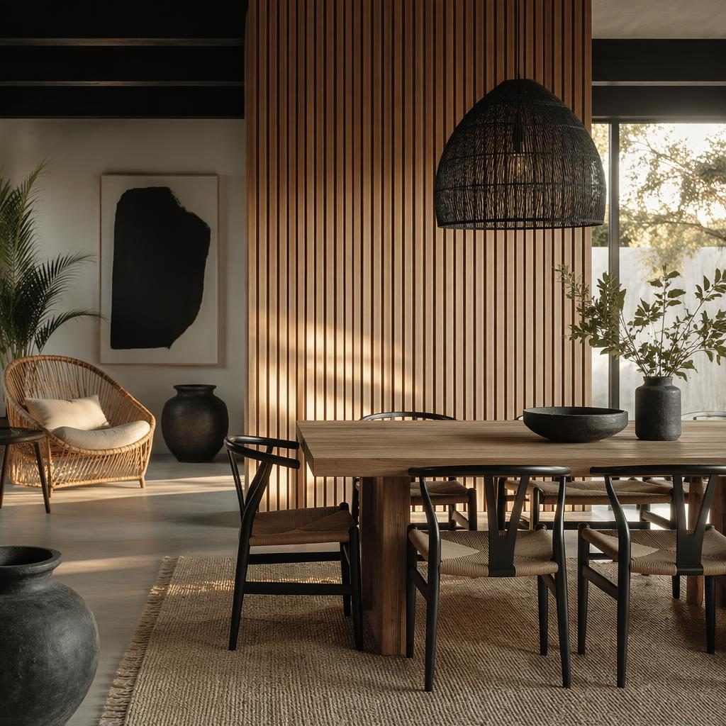 Modern minimalist dining room with black and white palette, wood slat wall, rattan accents, plants, art, and golden hour light.