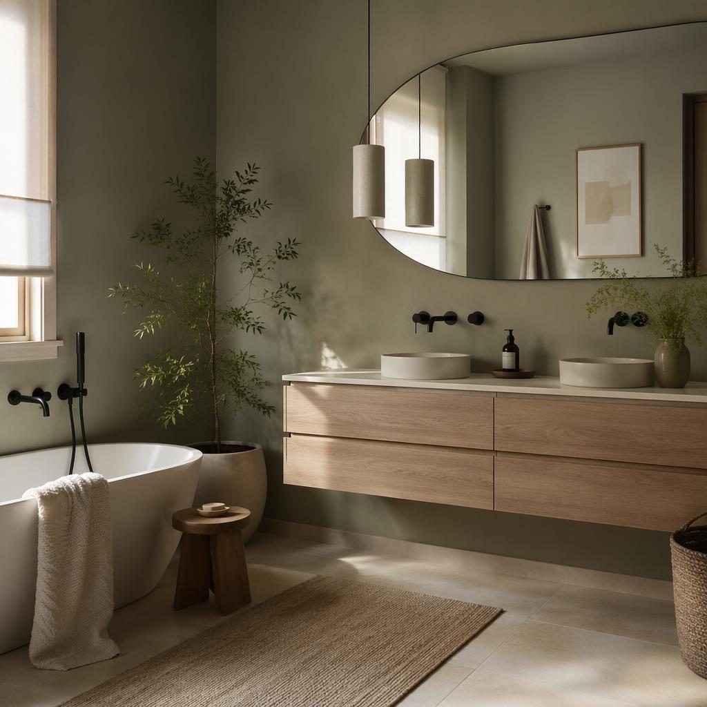 Chambre japandi en tons sauge et crème, lumière douce, matières naturelles, plantes, textiles et salle de bain minimaliste