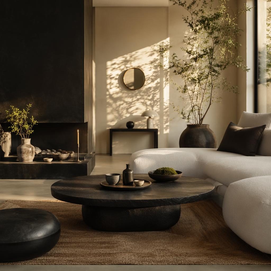 Luxury contemporary wabi sabi tea room with black and white palette, small mirror, natural materials, plants, art, and textiles