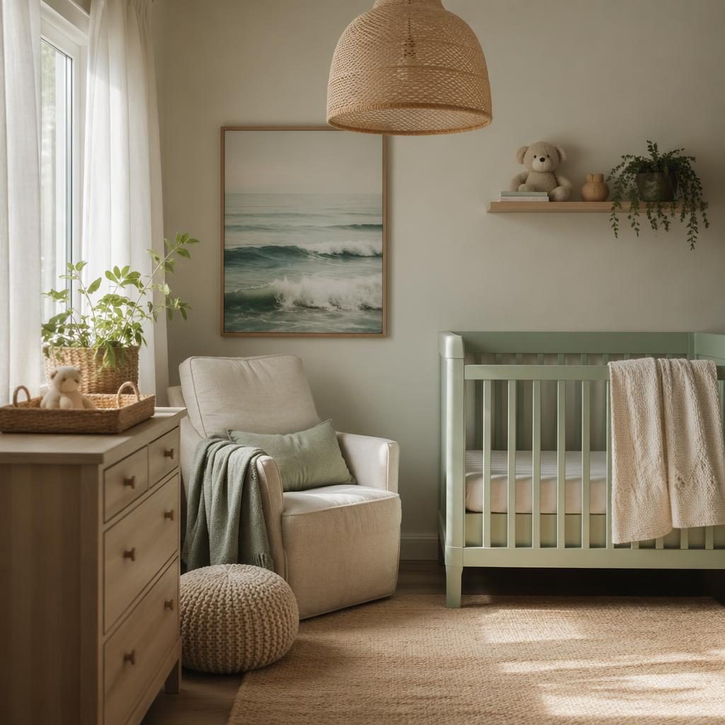 Baño costero estilo nursery en tonos pastel, salvia y crema, con textiles, plantas, arte y materiales naturales.