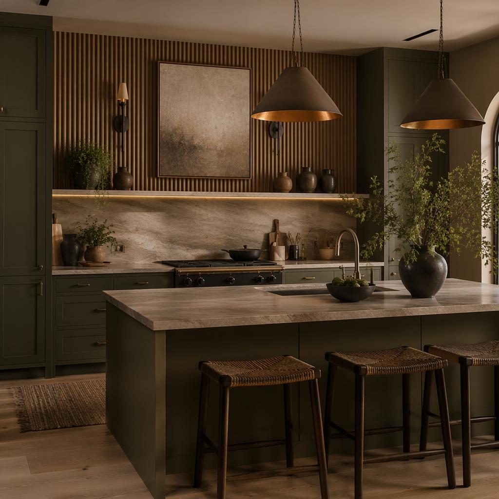 Moody modern farmhouse kitchen in sage and cream with a wood design wall, natural materials, plants, art, and textiles.