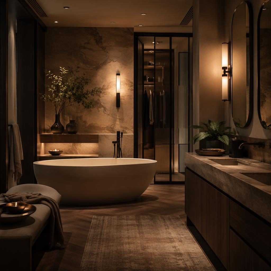 Salle de bain contemporaine de luxe aux tons terre, avec luminaire, matériaux naturels, plantes, art et textiles.
