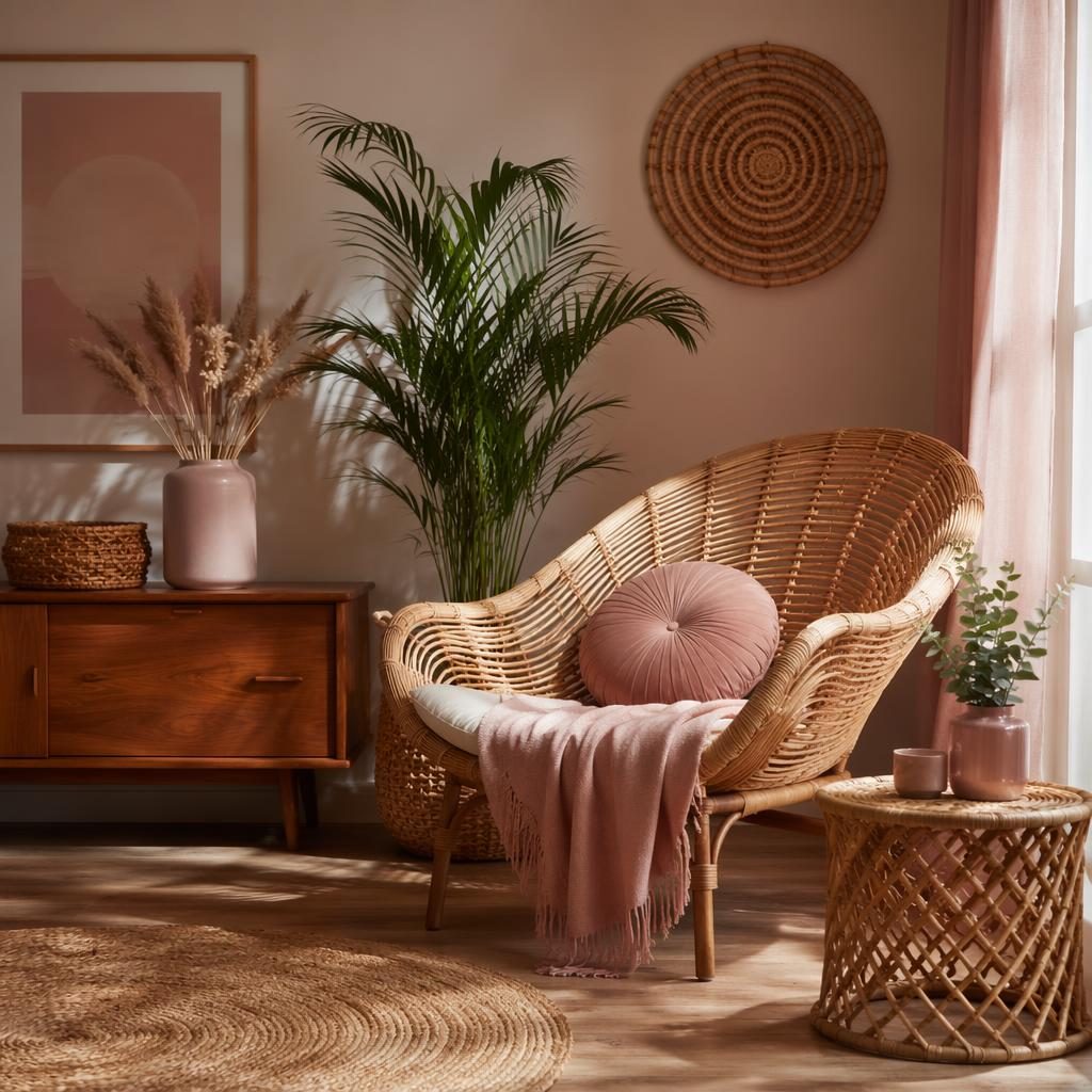 Boho reading nook interior with wicker decor, pastel pink and beige tones, warm wood furniture, plants, art, and textiles