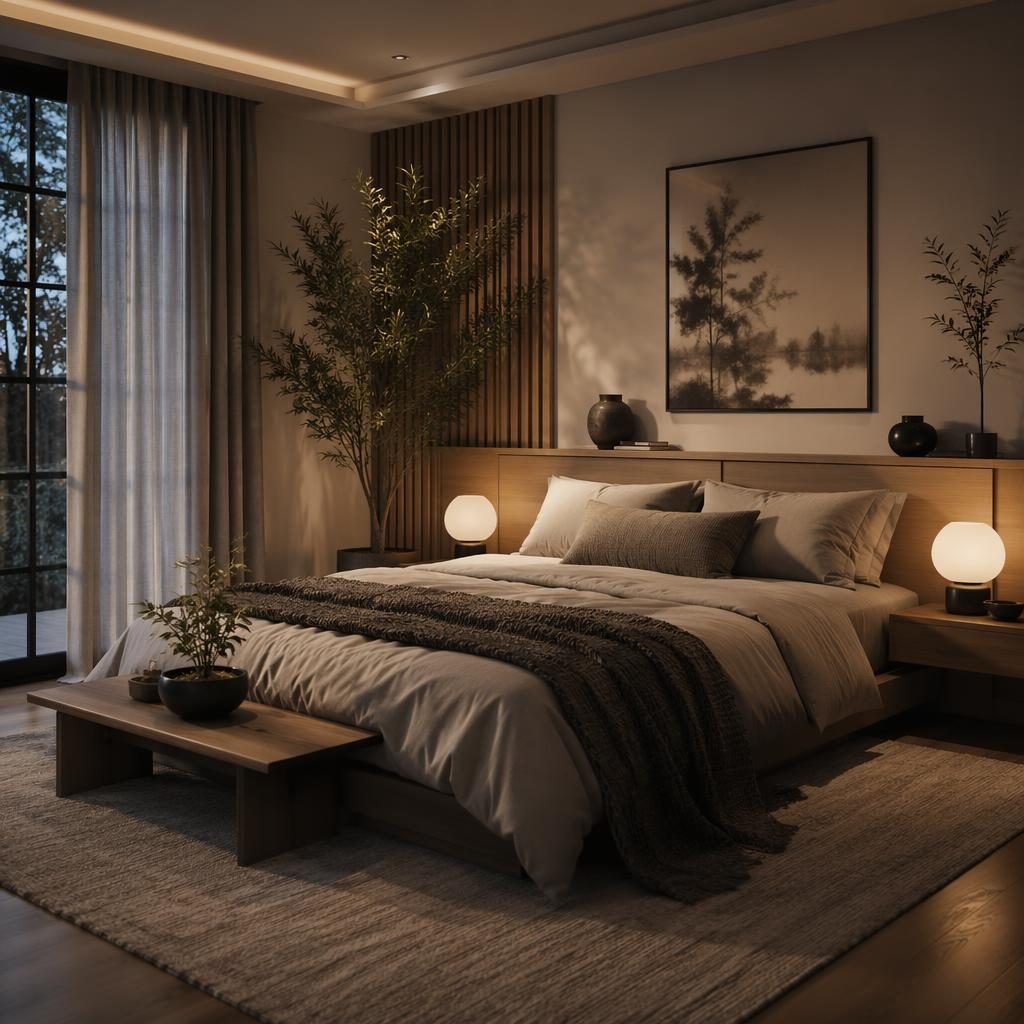 Japandi-Schlafzimmer mit Art-Déco-Elementen, kühlen Grautönen, warmem Abendlicht, Naturmaterialien, Pflanzen und Textilien