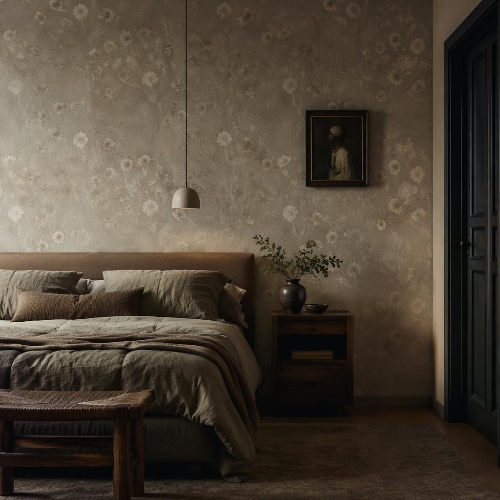 Muted wabi-sabi bedroom with sister parish wallpaper, earth tones, natural materials, art, textiles, plants, and warm evening light.