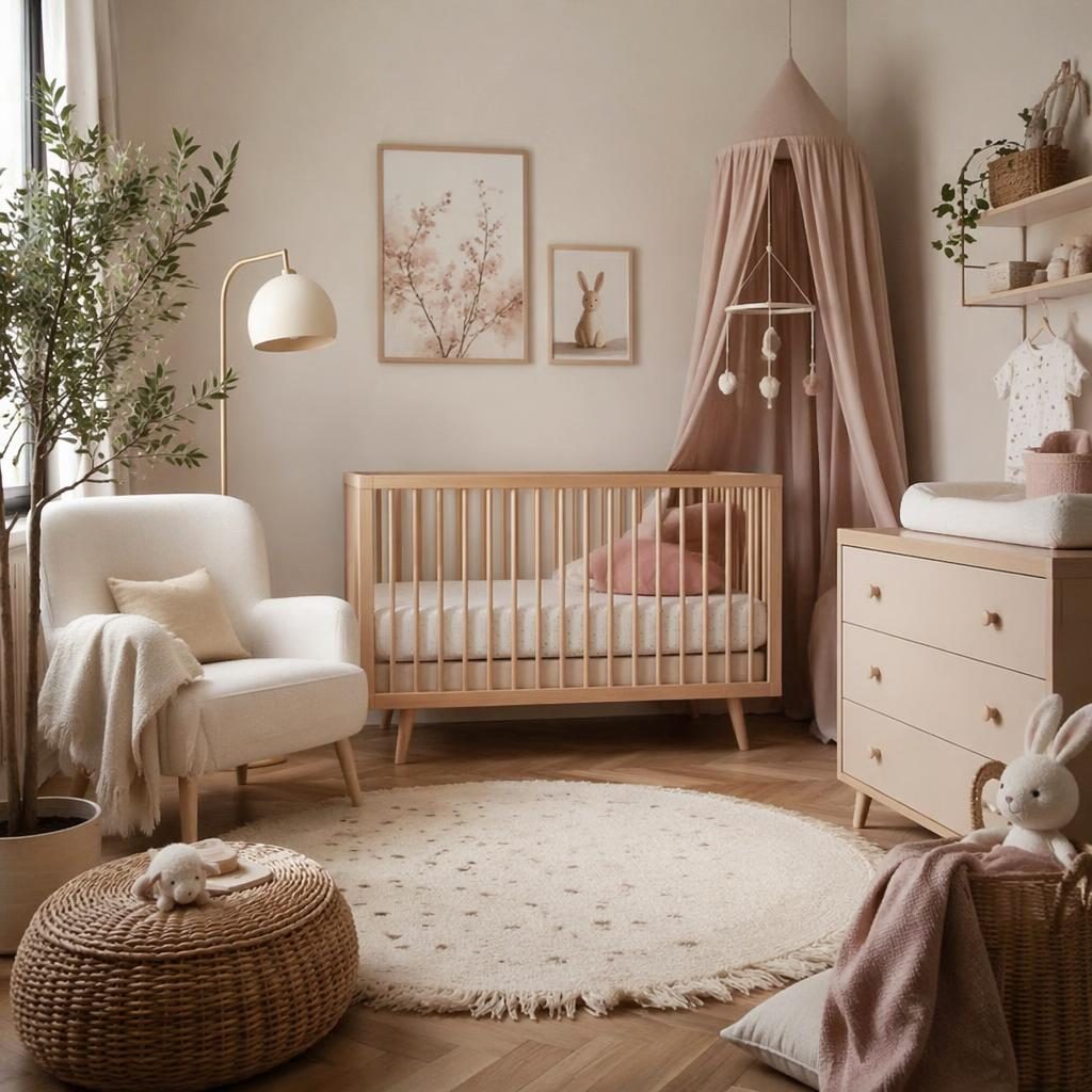 Babyzimmer in sanften Pastelltönen mit natürlichem Holz, Textilien, Pflanzen, Wandkunst und stimmungsvoller Beleuchtung