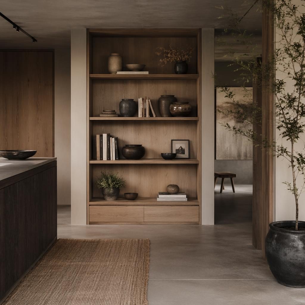 Wabi-sabi entryway interior with a Japandi kitchen island, earth tones, natural materials, plants, art, textiles, and bookshelf decorations.