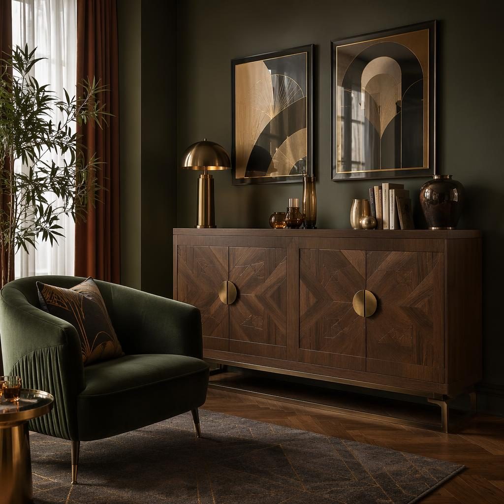 Moody industrial reading nook with warm neutral tones, velvet accents, art deco decor, wooden cabinet, plants, and textiles.