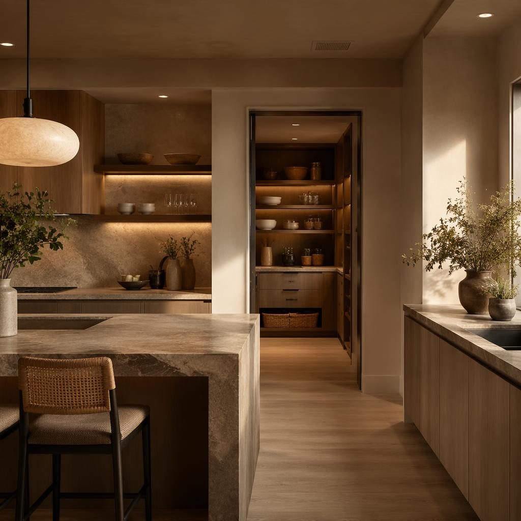 Cuisine contemporaine haut de gamme aux tons terre, lumière dorée, matériaux naturels et pantry sur mesure, sans personnes.
