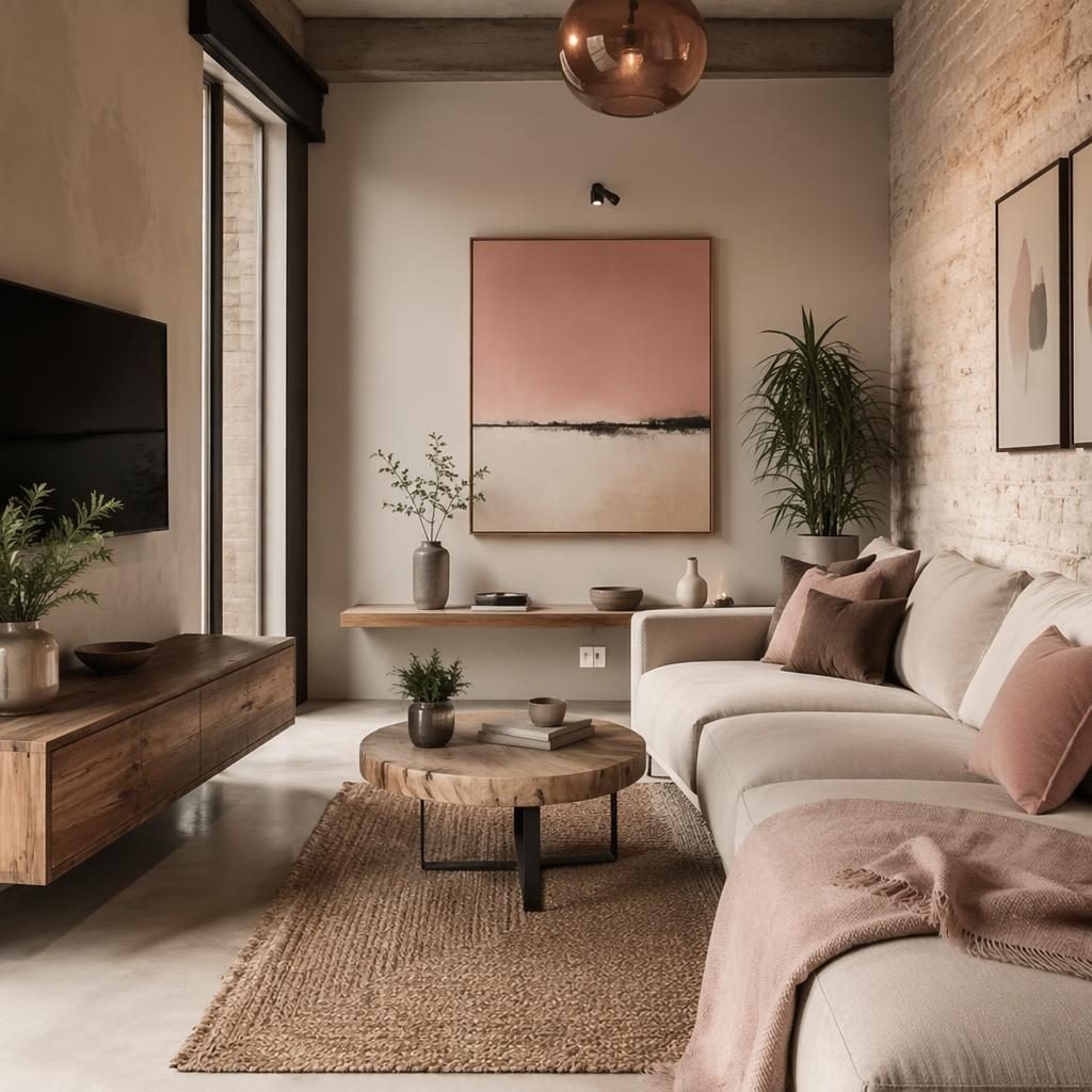 Salón pequeño moderno de estilo industrial en tonos beige y rosa pastel, con plantas, textiles, arte y luz natural.