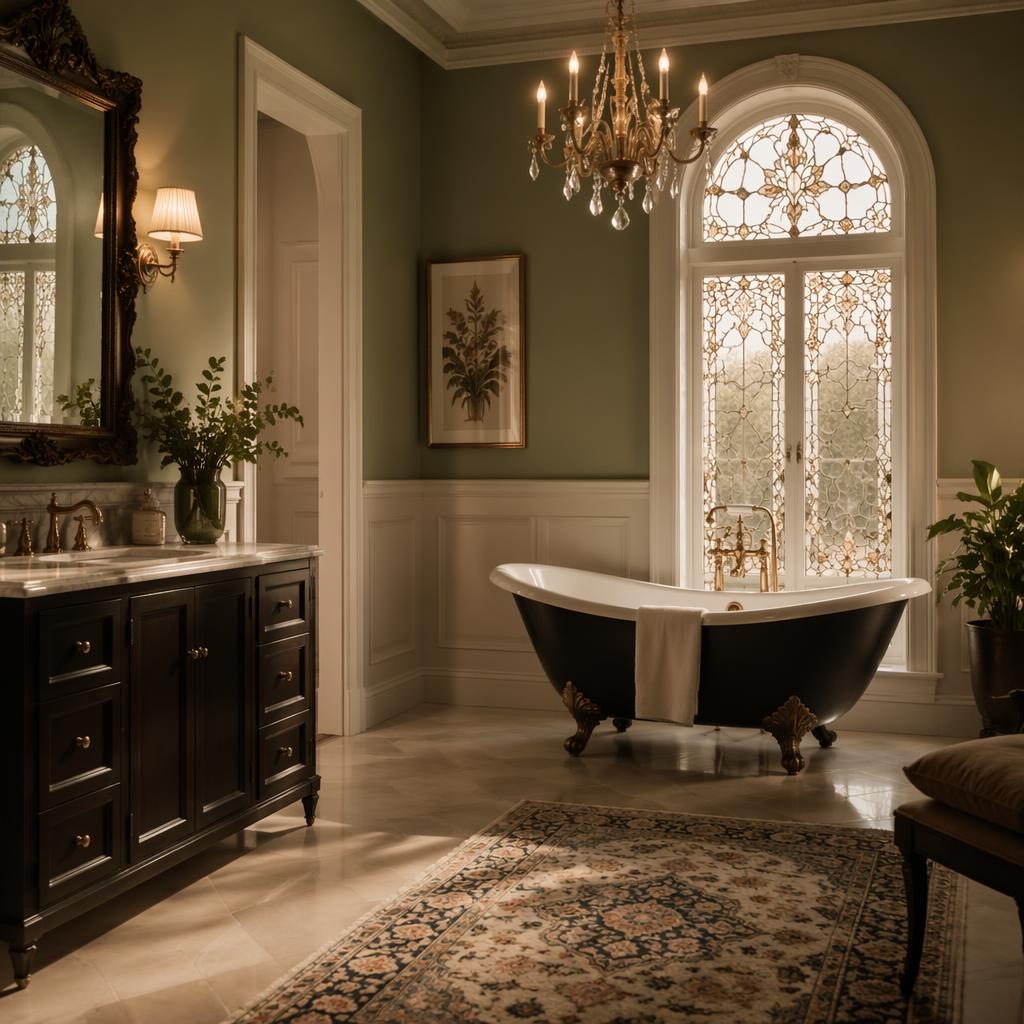 Luxury contemporary spa bathroom in warm neutral tones with natural materials, plants, art, textiles, and soft evening light.