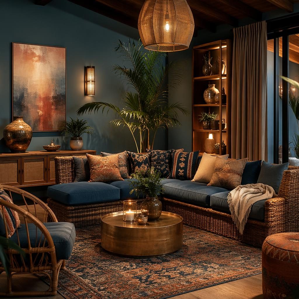 Chambre japandi réaliste aux tons bleu et laiton, matières naturelles, rotin, plantes, art mural et lumière du soir