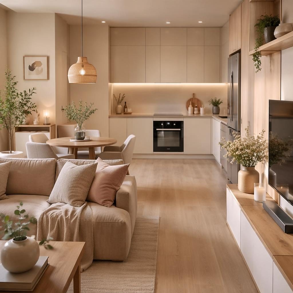 Render interior realista estilo Japandi con dormitorio pastel rosa y beige, luz natural suave, textiles, plantas y arte.