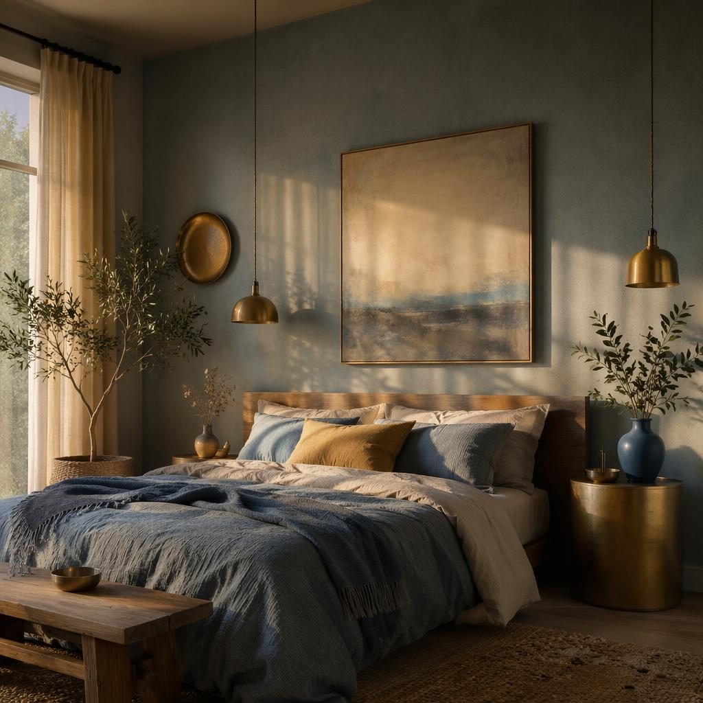 Minimalistisches Boho-Schlafzimmer in Blau und Messing mit Pflanzen, Kunst, Textilien und warmem Abendlicht