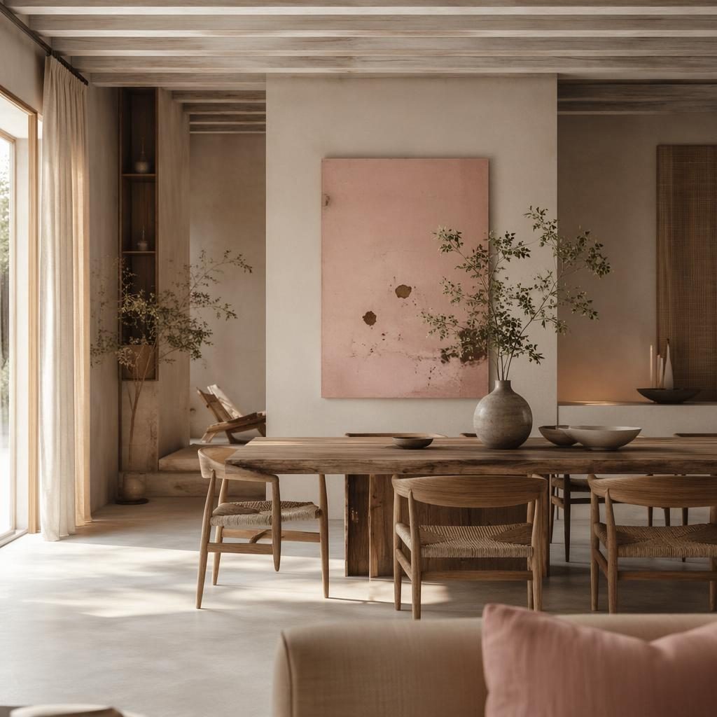 Salle de bain scandinave en rose pastel et beige, lumière douce, matériaux naturels, plantes, textiles et déco épurée.