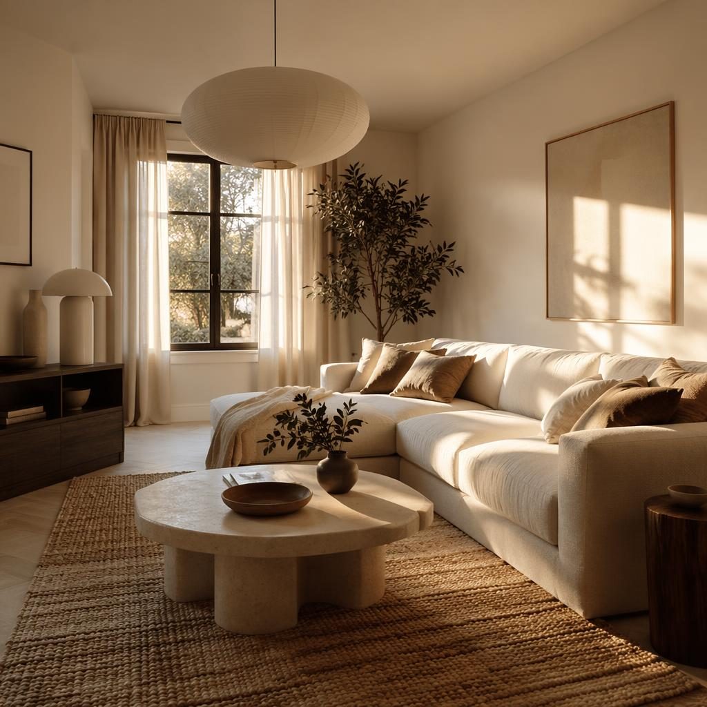 Skandinavisch inspiriertes Ankleidezimmer in Schwarz-Weiß mit Goldstimmung, Naturmaterialien, Pflanzen und Textilien