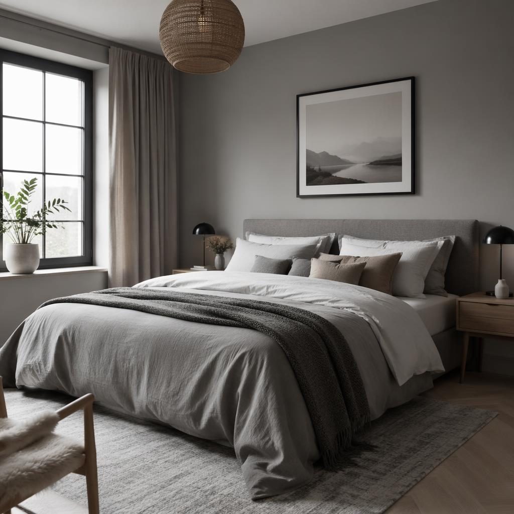Skandinavisches Schlafzimmer in kühlen Grautönen mit Holz, Pflanzen, Textilien, Kunst und minimalistischer Einrichtung