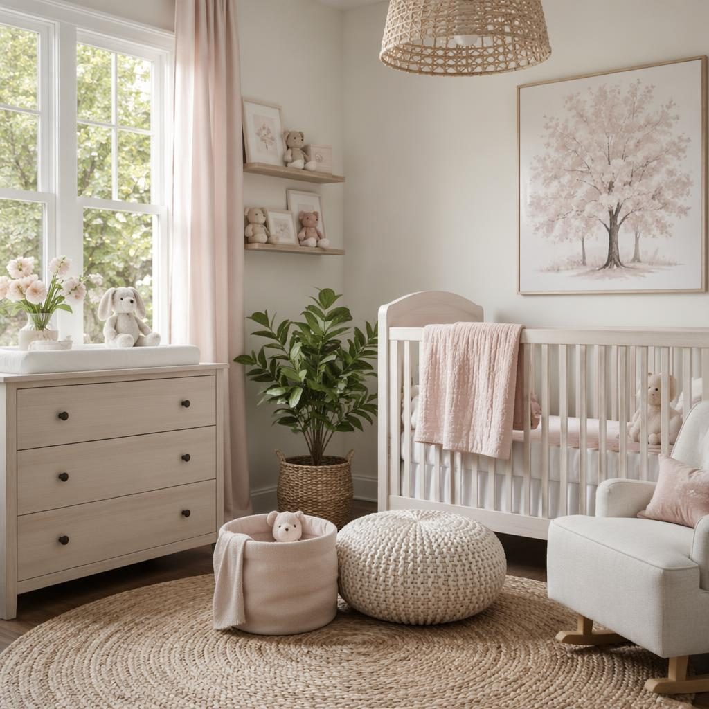 Salon style ferme en noir et blanc, lumière douce, matières naturelles, plantes, textiles et ambiance nursery pastel
