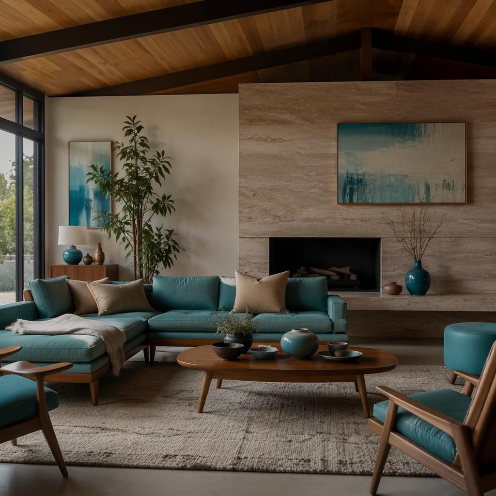 Mid-century living room with turquoise decor, pastel pink and beige tones, natural materials, plants, art, and textiles