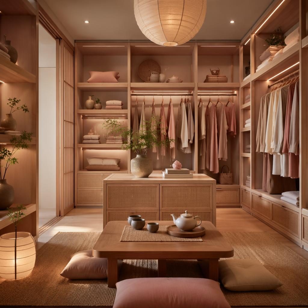 Sala de té japandi con tonos rosa pastel y beige, materiales naturales, plantas, arte y textiles en luz cálida.