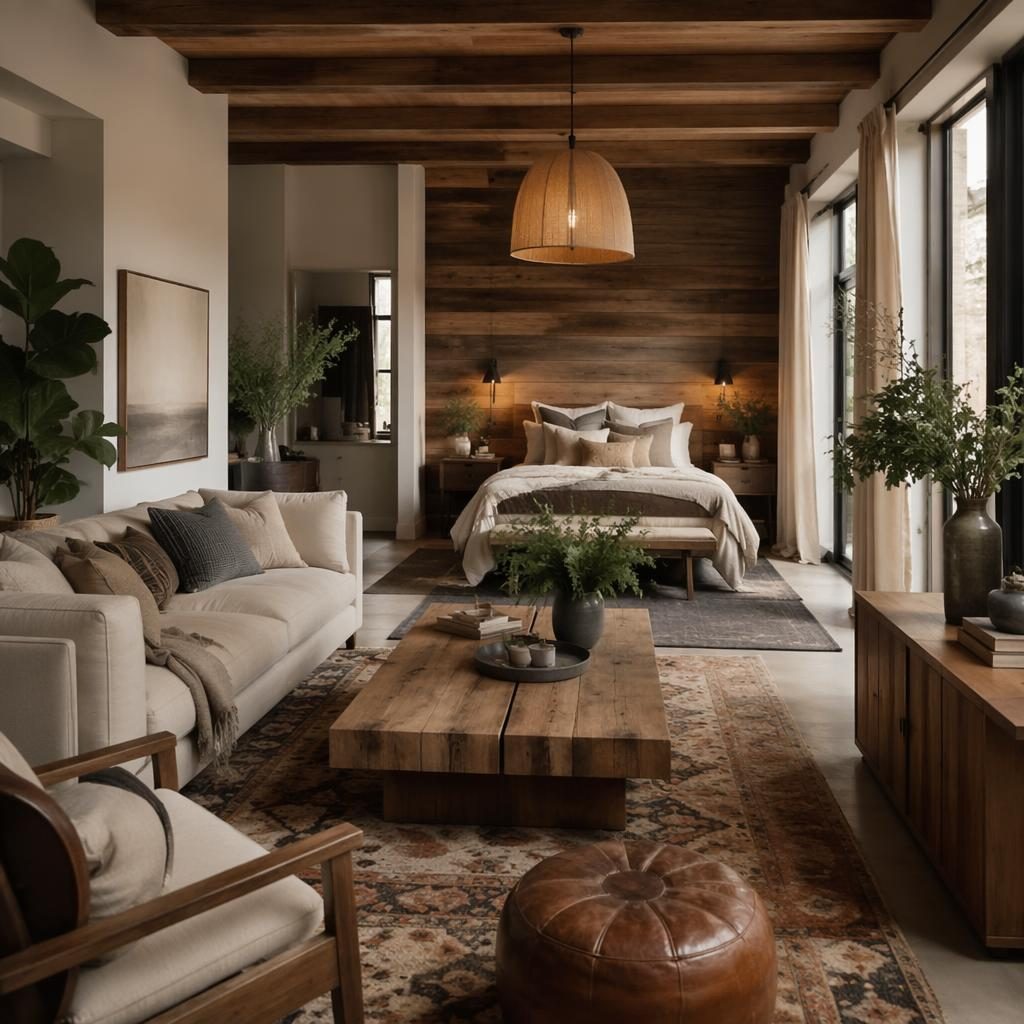 Farmhouse bedroom with reclaimed wood, layered textiles, plants, art, and a styled seating area in one open space