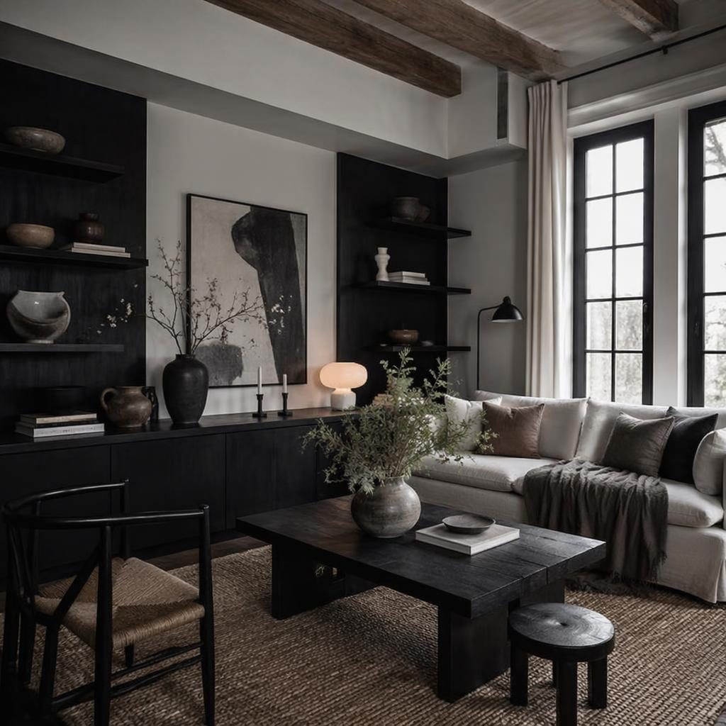 Modernes Farmhouse-Wohnzimmer in Schwarz-Weiß mit natürlichen Materialien, Pflanzen, Kunst und stimmungsvoller Lichtführung.