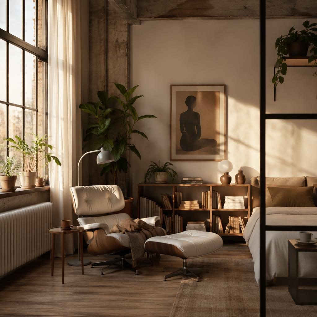 Skandinavische Leseecke in industrial Loft Living mit warmen Naturtönen, Sesseln, Pflanzen, Kunst und Textilien.