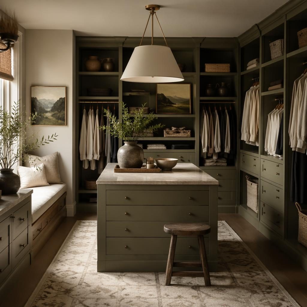 Modern farmhouse kitchen in sage and cream with neutral decor, natural wood, plants, textiles, and moody lighting