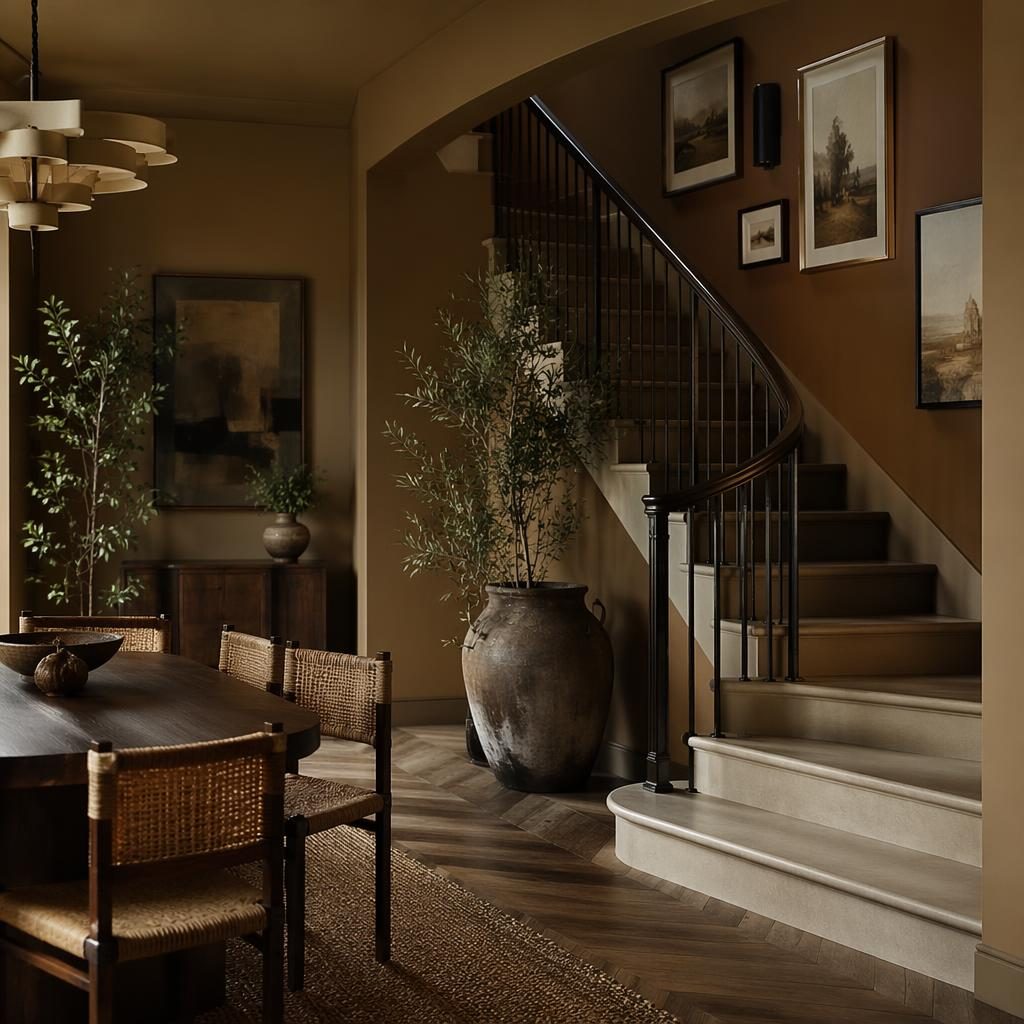 Intérieur art déco aux tons terreux avec étagères ouvertes style côtier, matières naturelles, plantes et ambiance tamisée.