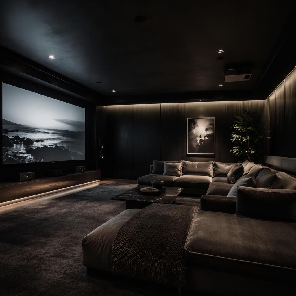 Moody black and white industrial living room styled as a dark luxury home cinema with plants, art, textiles, and no people.
